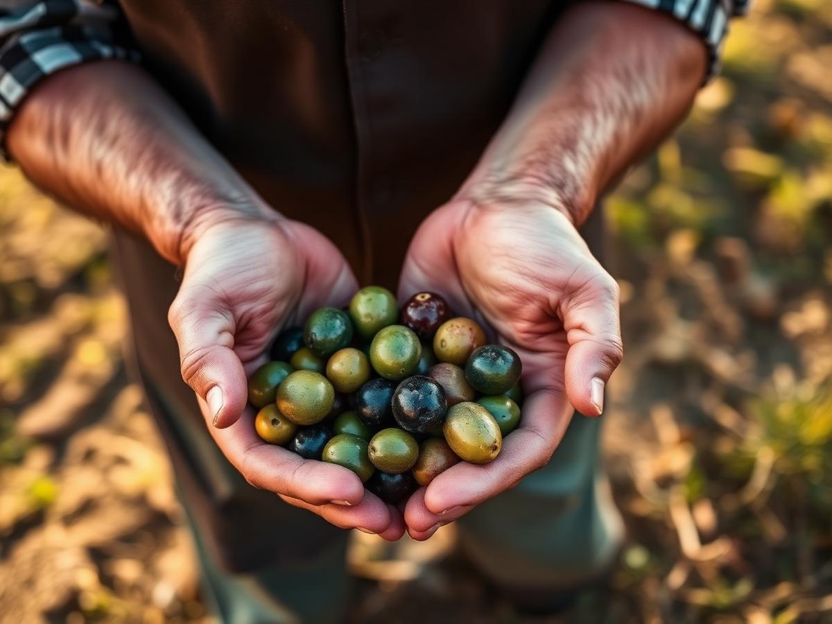 Mani di contadino con olive raccolte